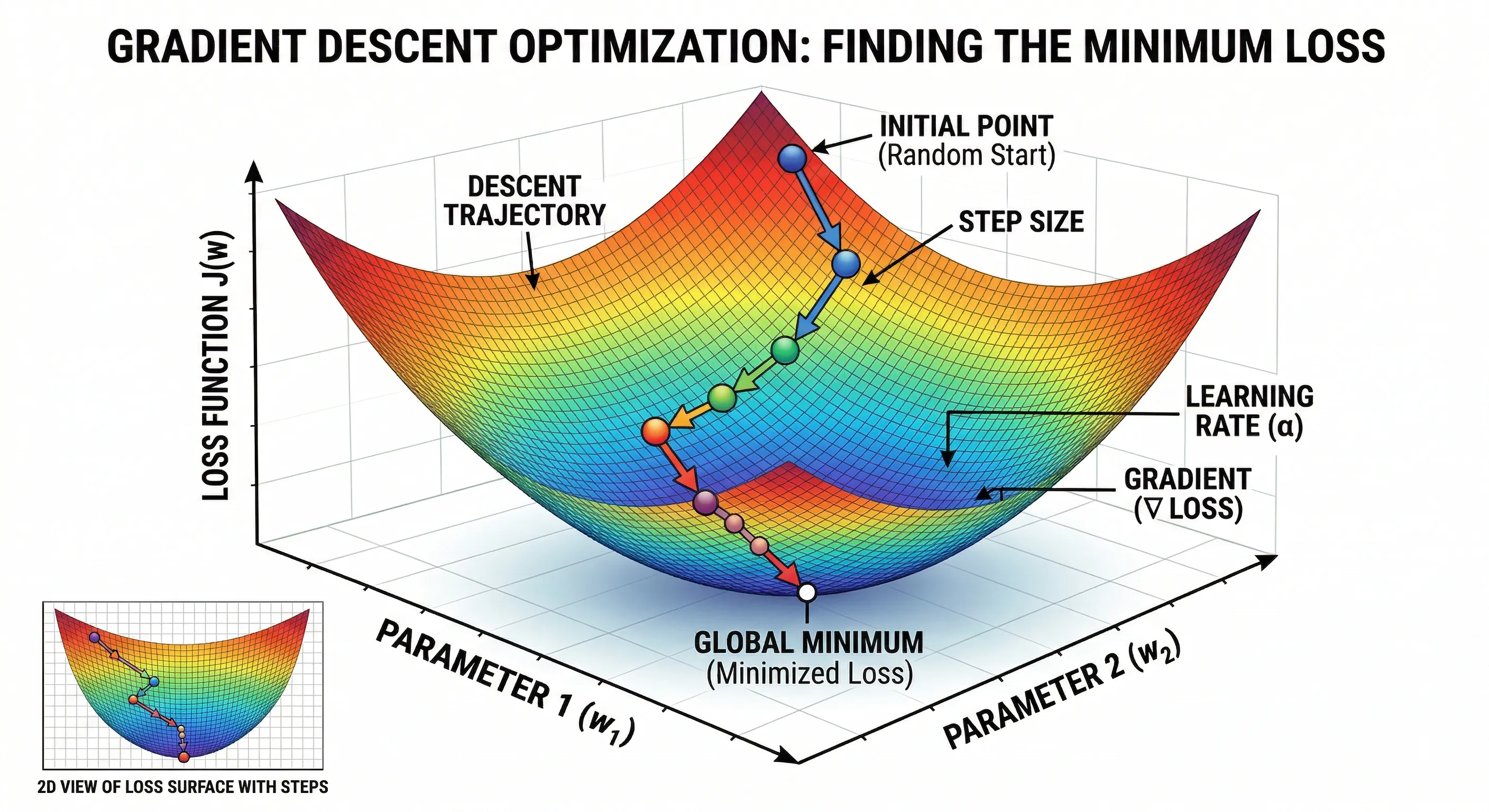 Graphical representation of the gradient descent optimization process